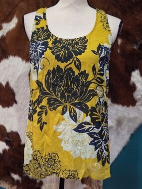 CAbi Mustard Yellow Floral Scoop Tank